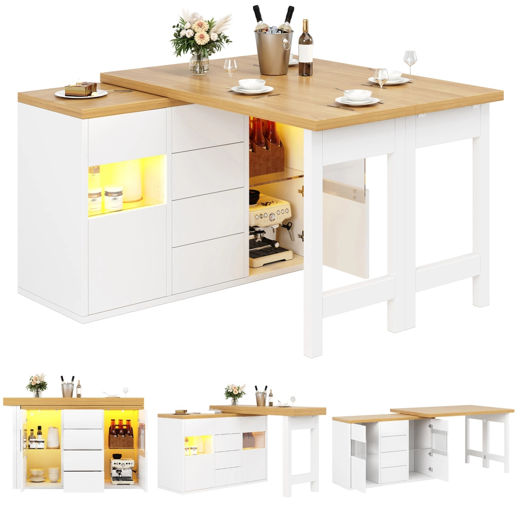 Credenza da cucina girevole a 360°; con 4 cassetti e porte in vetro; LED; per cucina e sala da pranzo