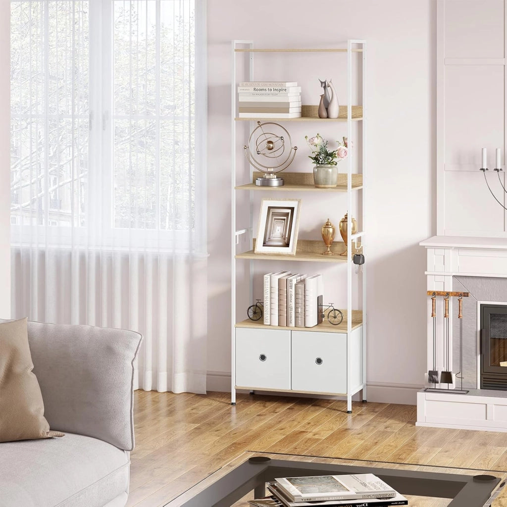 Libreria a 5 Piani con 2 Cassetti, Scaffale di Stoccaggio a Pavimento, Moderno, Struttura in Acciaio, Soggiorno/Ufficio/Studio/Cucina/Camera da Letto, Rovere Chiaro+Bianco, RGB62whe