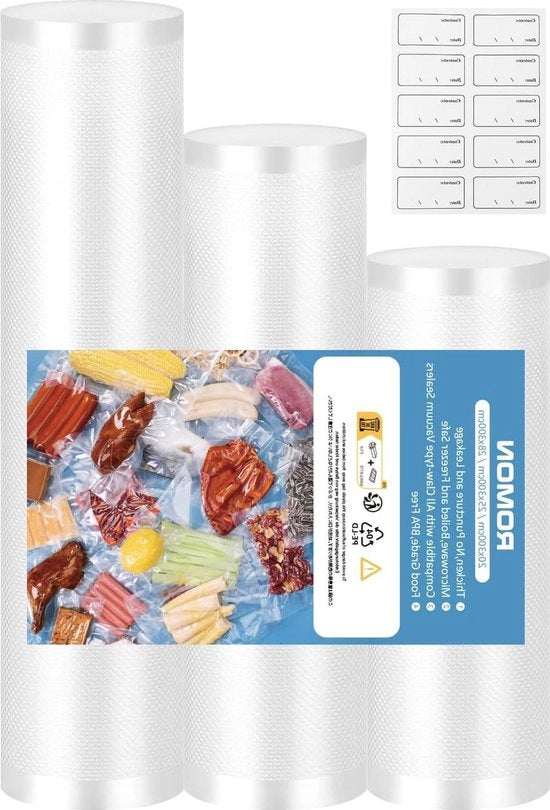 Vacuum roll 3 rolli 28-25-20 x 300 cm con sacchi con etichette e pellicola per aspirapolvere - privo di BPA