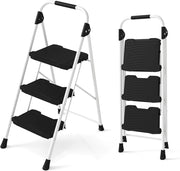 Scala a 3 Gradini, Scaletta Pieghevole in Acciaio con Corrimano Imbottito, Pedale Antiscivolo e Blocco di Sicurezza, per Cucina, Giardino e Ufficio, Portata 360 kg (Nero + Bianco)