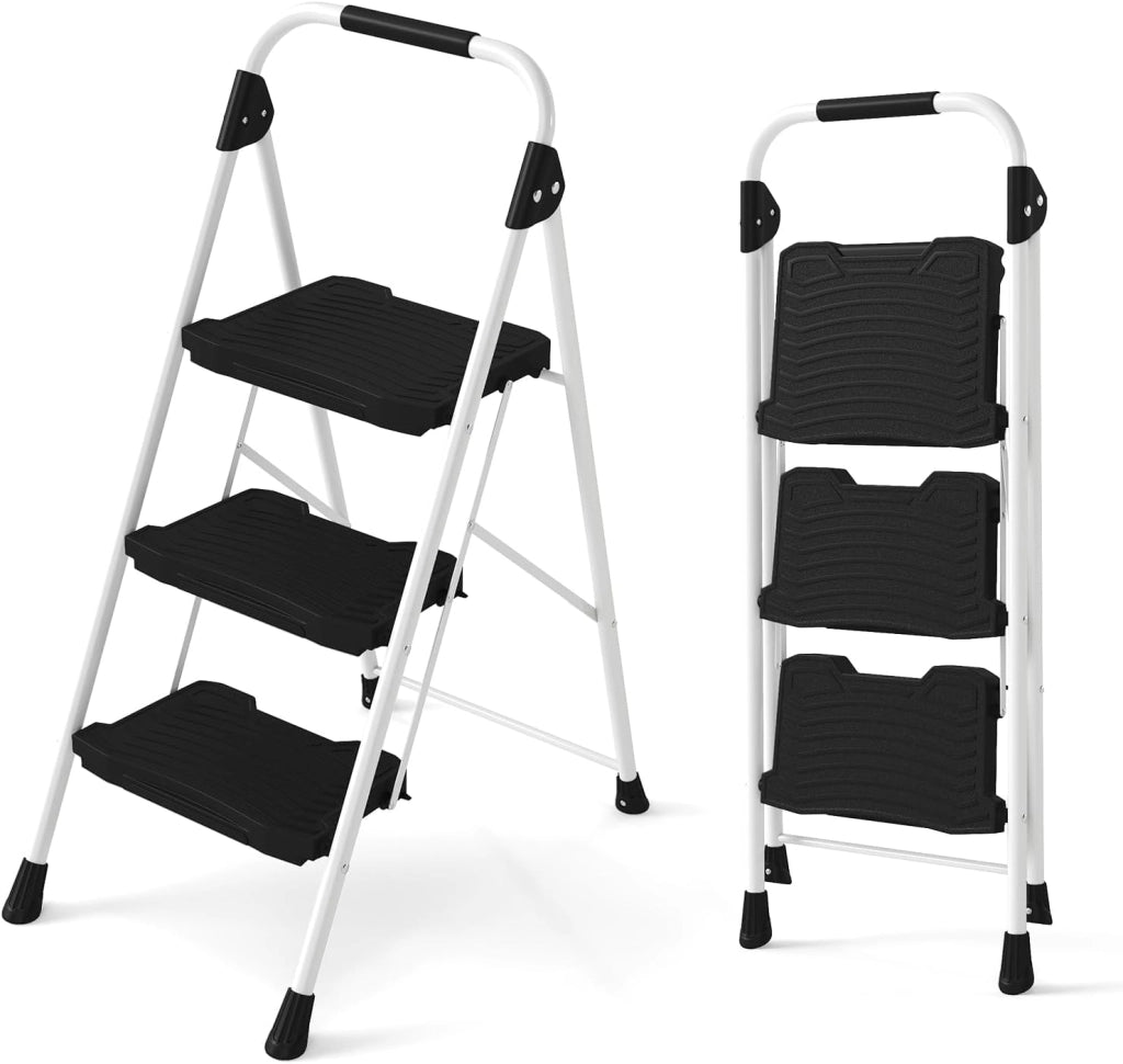 Scala a 3 Gradini, Scaletta Pieghevole in Acciaio con Corrimano Imbottito, Pedale Antiscivolo e Blocco di Sicurezza, per Cucina, Giardino e Ufficio, Portata 360 kg (Nero + Bianco)