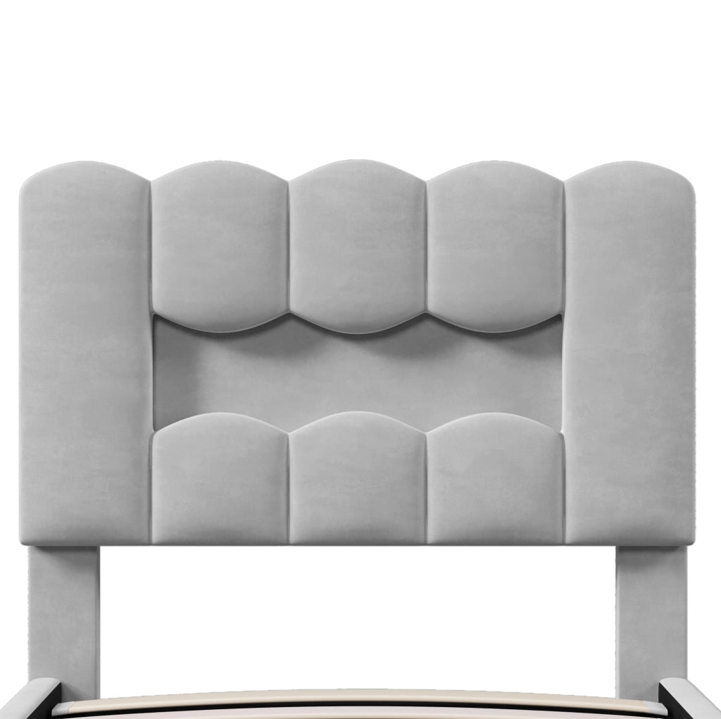 Letto imbottito 90 x 200 cm in velluto grigio con contenitore idraulico e luci LED