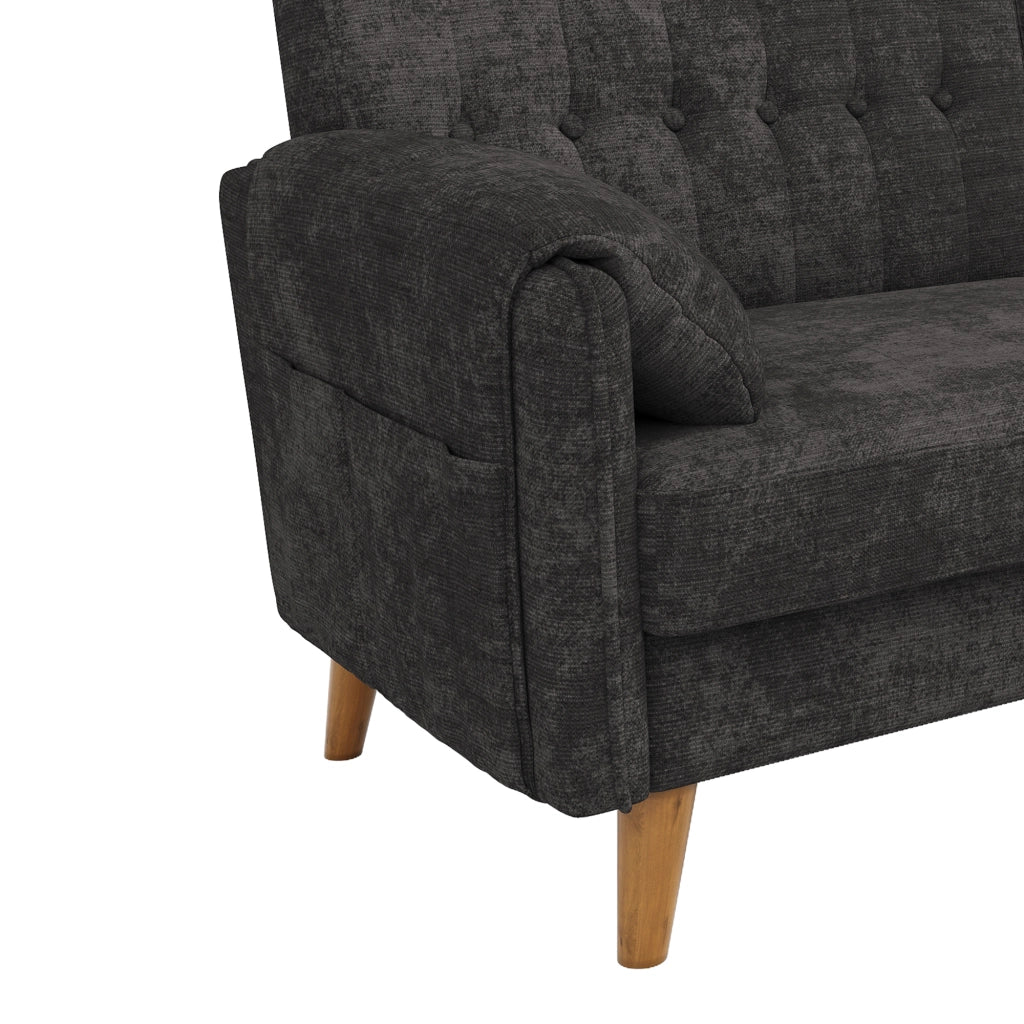Divano a 2 posti compatto in chenille con schienale ergonomico, cuscini bracciolo e tasche laterali grigio scuro