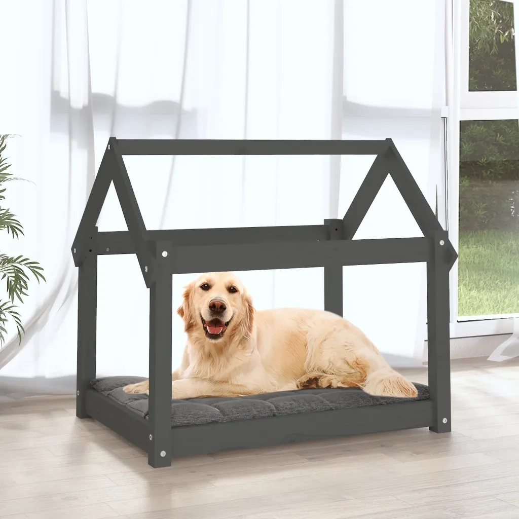Cuccia per Cani Grigia 81x60x70 cm in Legno Massello di Pino 822209