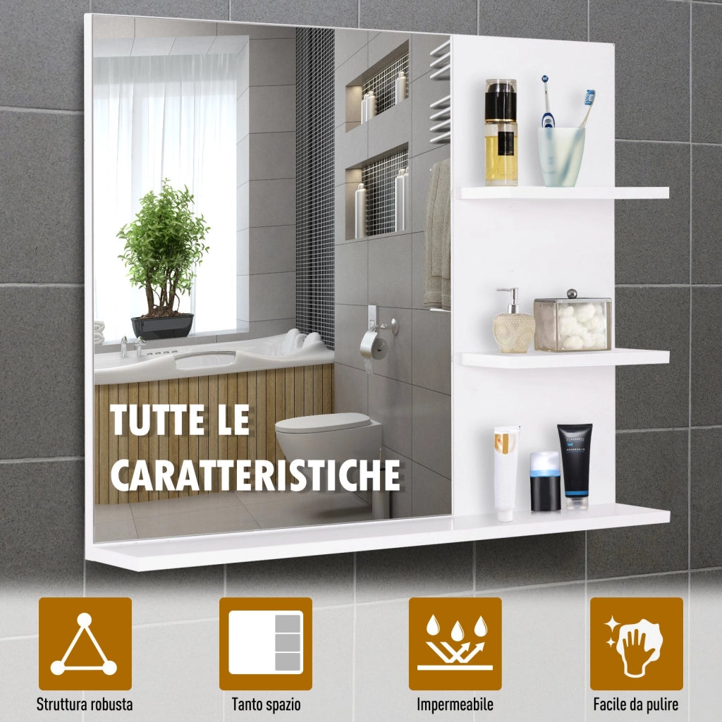 EasyComfort Mobiletto Pensile Bagno 60 x 10 x 48cm, con Specchio e 3 Ripiani, Armadietto a Parete in MDF Bianco