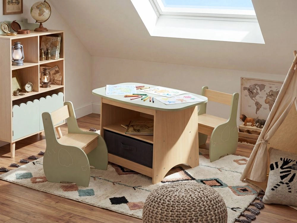 Elegante set per bambini da 2 posti con tavolo e sedie in MDF con contenitore, per la stanza dei bambini nei colori marrone chiaro e verde