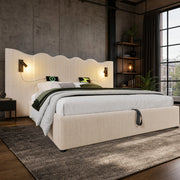 LETTO Contenitore 180x200 cm in tessuto a coste Beige-Bianco con lampada USB Type-C