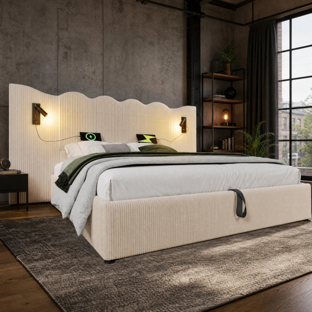 LETTO Contenitore 180x200 cm in tessuto a coste Beige-Bianco con lampada USB Type-C