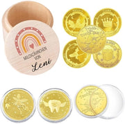Tappo per spazzola da denti - Scatola per leccare i denti in legno - Set di monete in oro - Carrello di regalo carino - Materiale naturale e sicuro in legno - Adatto per bambini - Scatola per leccare i denti