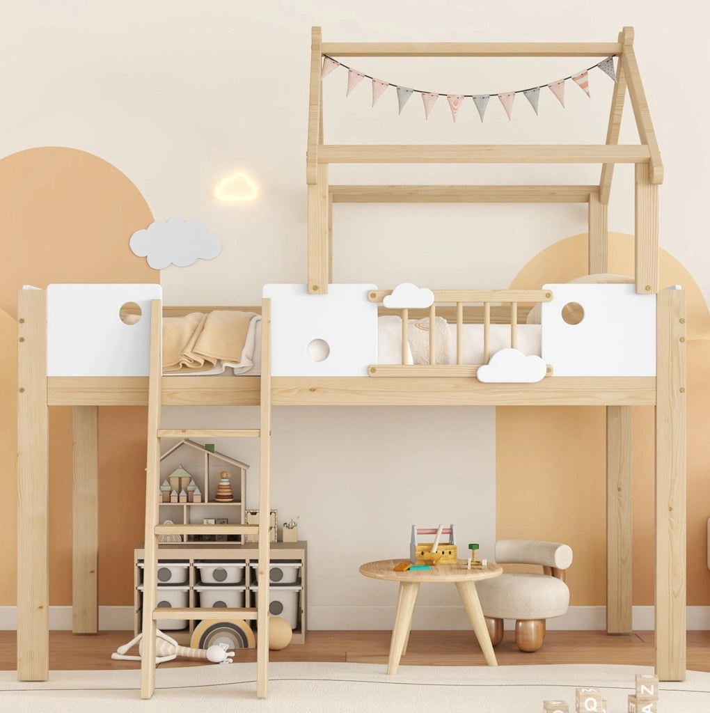 Letto a soppalco per bambini 90x200 cm con scala a tre gradini e tetto