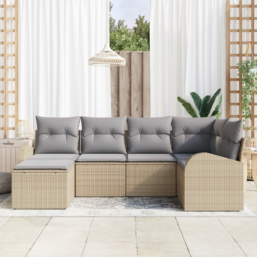 Set Divano da Giardino 6 Pezzi con Cuscini Beige Rattan Polietileno