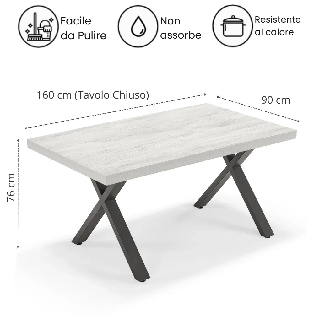 Tavolo allungabile da pranzo Quercia Bianco 160X90 MADE IN ITALY modello PABLO fino a 260 CM per sala da pranzo, cucina e soggiorno, design moderno con top in melaminico