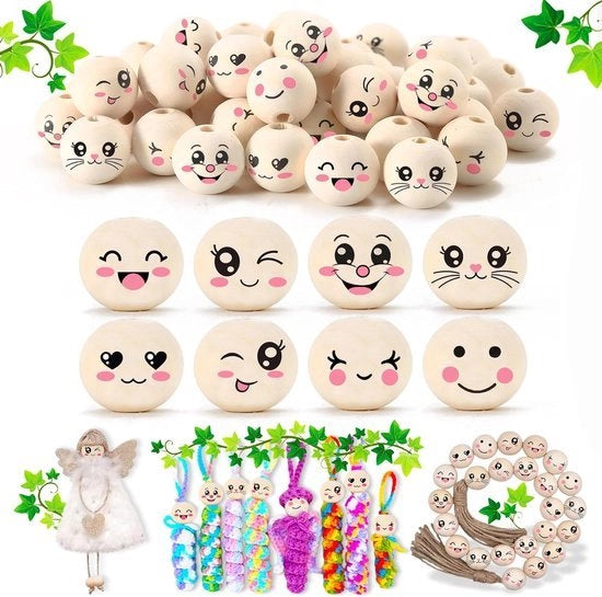 8 stili perle di legno con faccia 20 mm sorriso faccia perle di legno naturali con foro per lavori di fai da te attività di ricamo a maglia accessori per chiavi, 80 pezzi
