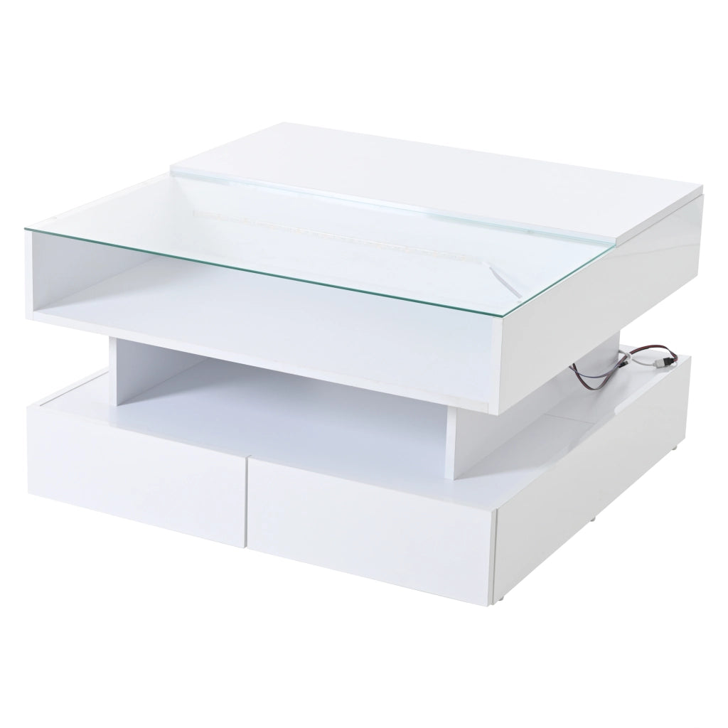 Tavolino da caffè alzabile con 2 cassetti; LED e vano nascosto per soggiorno bianco 80×80×45 cm