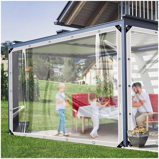 Telaio trasparente con occhi, zeildoek trasparente, PVC 420 g/m² per pergola, balcone, arredamento esterno, mobili da giardino. con cavo, 2x1m.