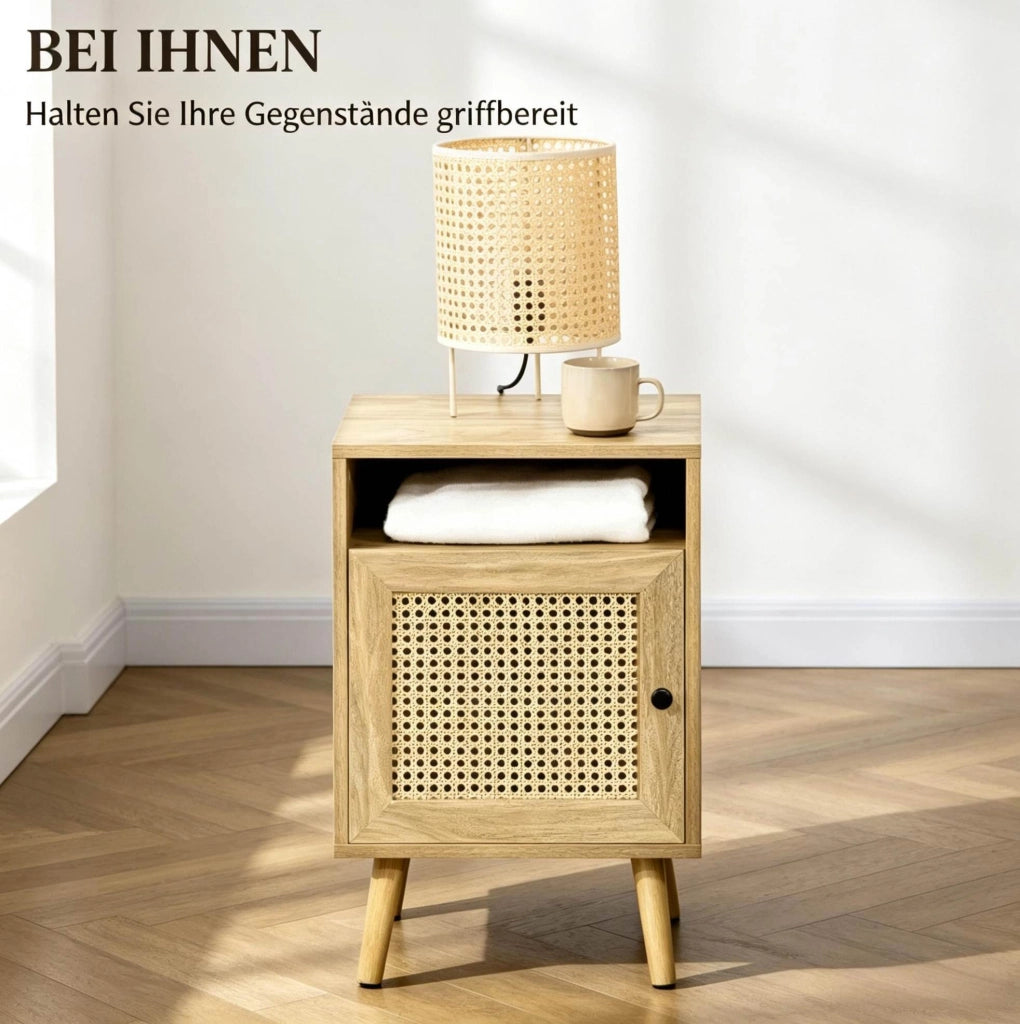 Set di 2 comodini compatti in legno e rattan naturale 39x35x60 cm per camera da letto