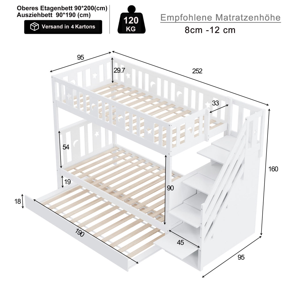 Letto a castello per bambini con letto estraibile e gradini contenitivi bianco