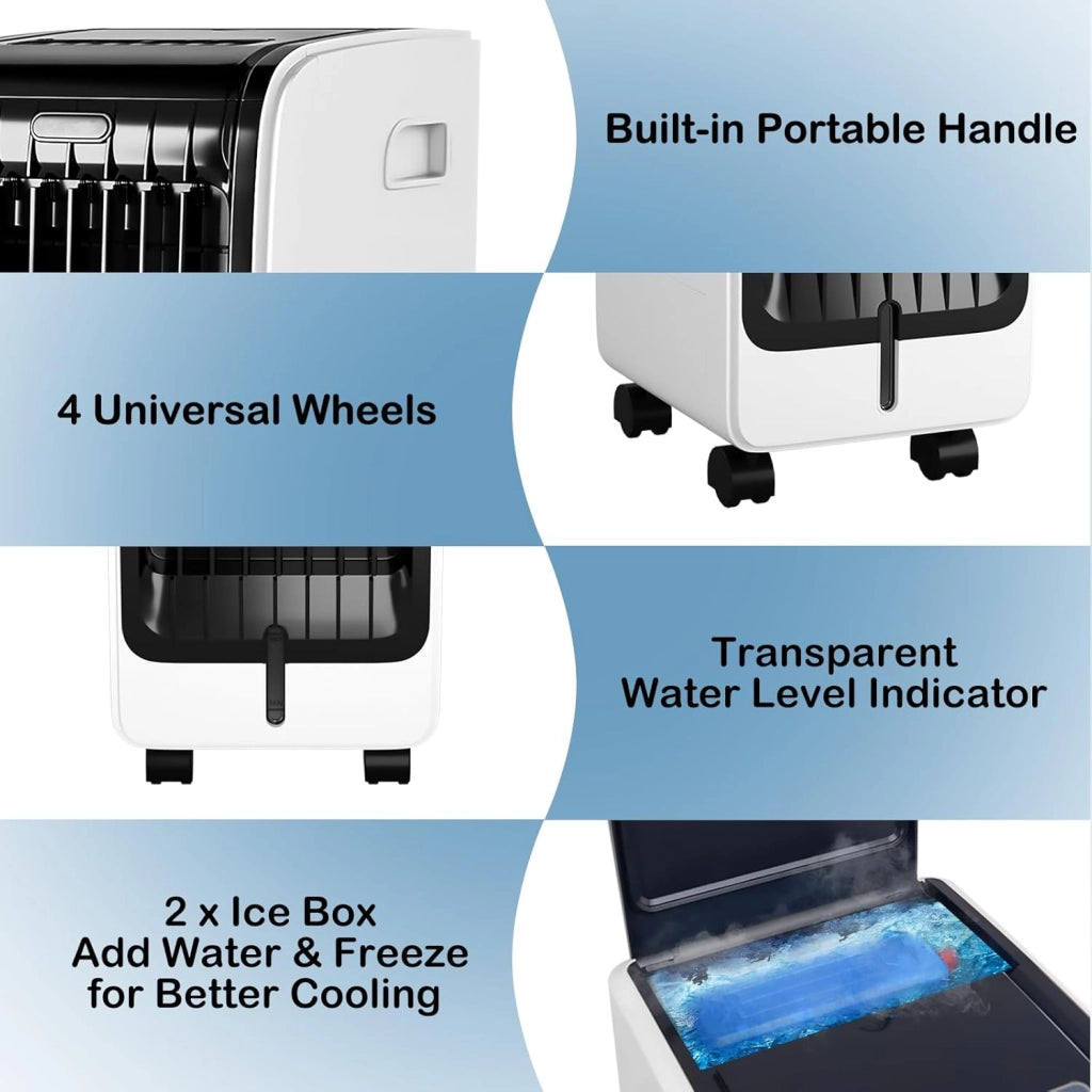 Raffreddatore d’Aria 75 W, 3 in 1 Air Cooler & Ventilatore & Umidificatore, 3 Modalità, 3 Velocità Regolabili, Timer 8 H, Serbatoio Acqua 6L, Telecomando, per Salone, Camera da Letto, Ufficio