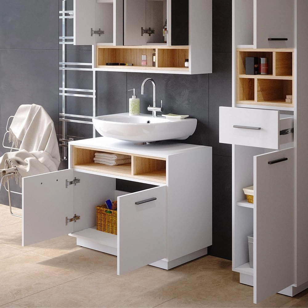 Mobile sottolavabo per bagno Beatrice, Bianco, 80 x 64 cm, con ritaglio per sifone e ripiani aperti