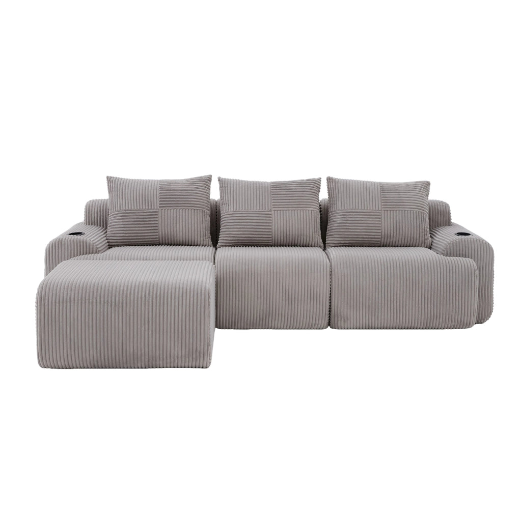 Divano modulare 3 posti ULEVR 268x174x80 cm con portabicchieri e tasca laterale, velluto a coste grigio chiaro