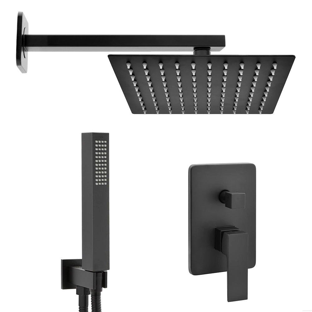 Set doccia soffione quadrato 30cm in acciaio inox braccio 30cm miscelatore a due vie e doccino completo nero opaco Kubo