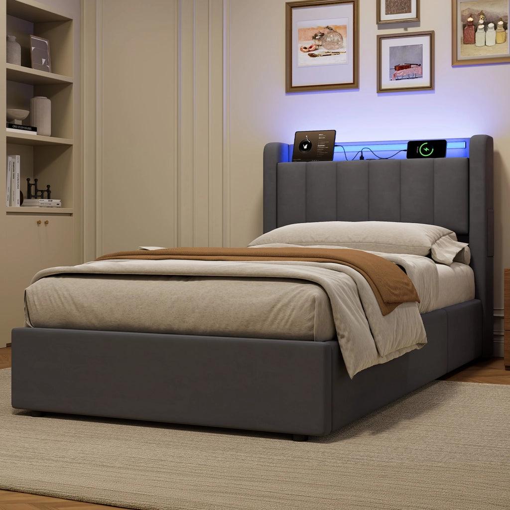 Letto Imbottito 90x190 cm in Velluto con Contenitore Idraulico, LED e Porte USB