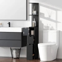 Mobile Colonna Salvaspazio in Legno con Ripiani, Armadietto e Cassetti, Nero, 15x33x136cm