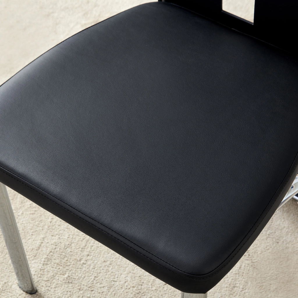 Sedie da pranzo in PU pelle con schienale traforato e gambe in metallo, set 2 pezzi, nero e argento