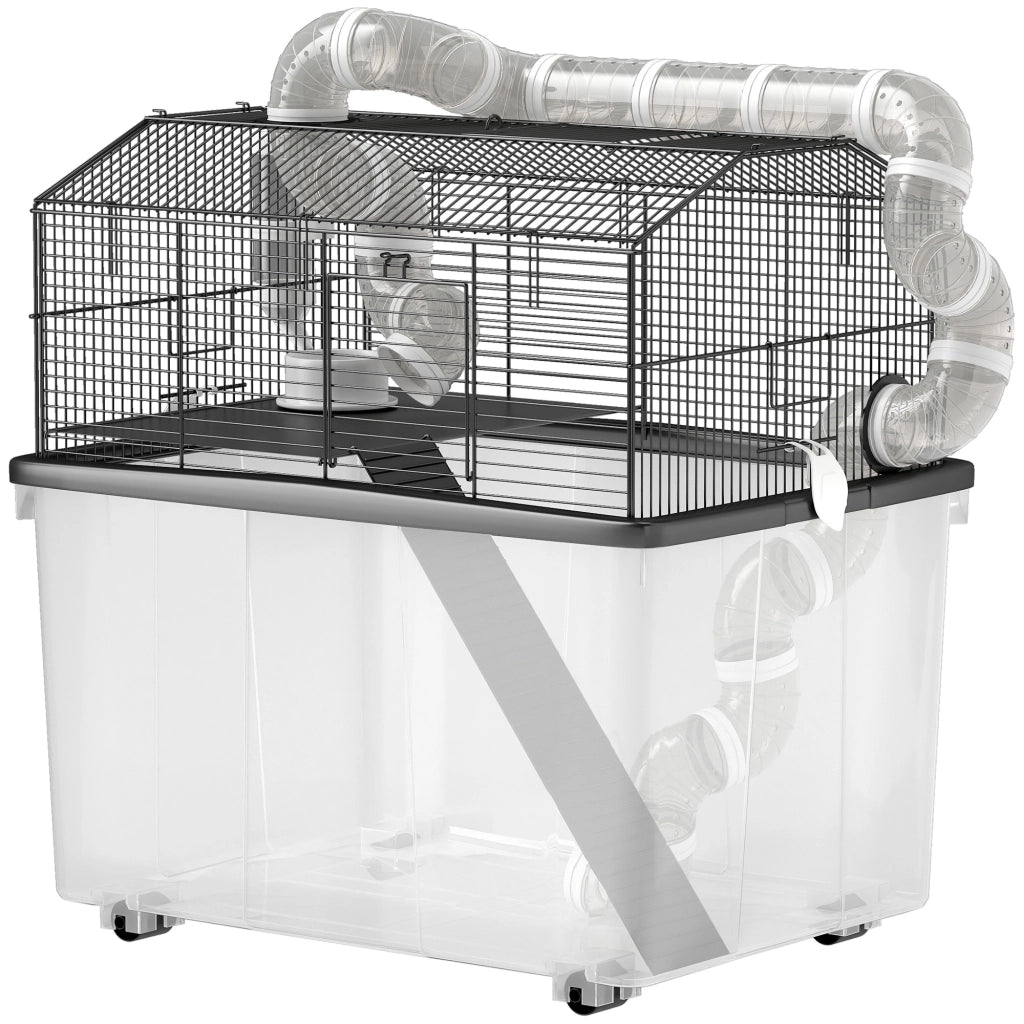Gabbia per Criceti a 2 Piani con Ruote, Tubi, Ciotola, Bottiglia e Rampa, 58x43x57 cm, Nero