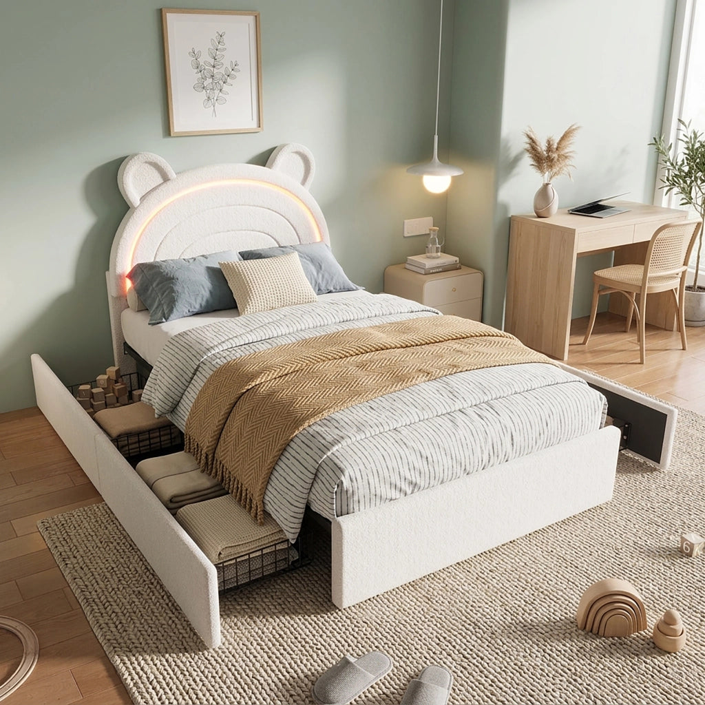 Letto imbottito beige 90x200 cm con testiera a orsetto; quattro cassetti e LED