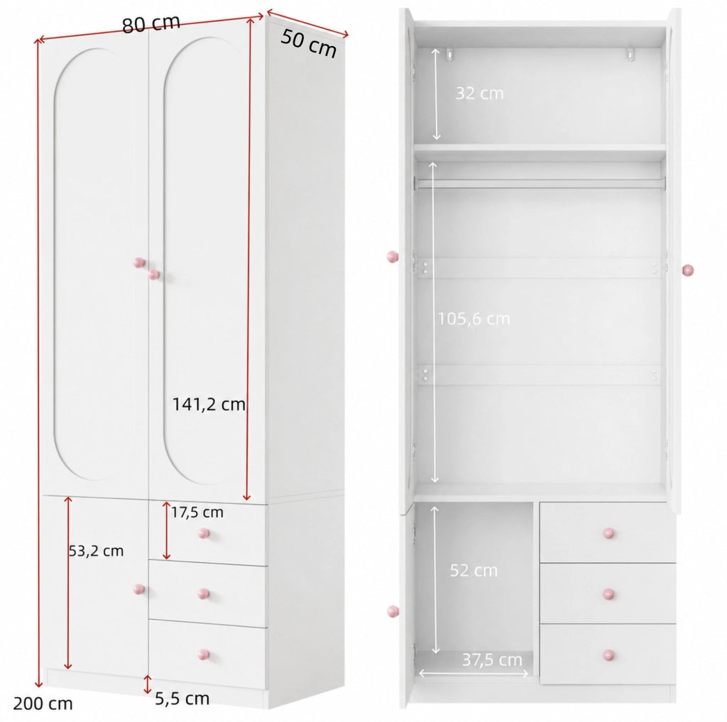 ARMADIO 2 Ante con 3 Cassetti 80x50x200 cm Bianco MDF