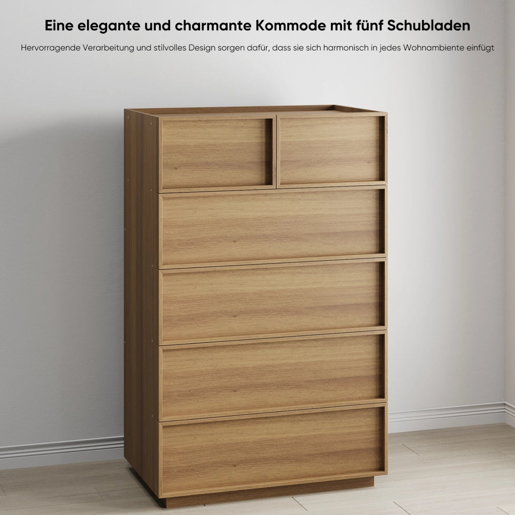 Comò con 6 cassetti, guide metalliche e blocco antiribaltamento per camera da letto e soggiorno, rovere, 80 × 48 × 127 cm