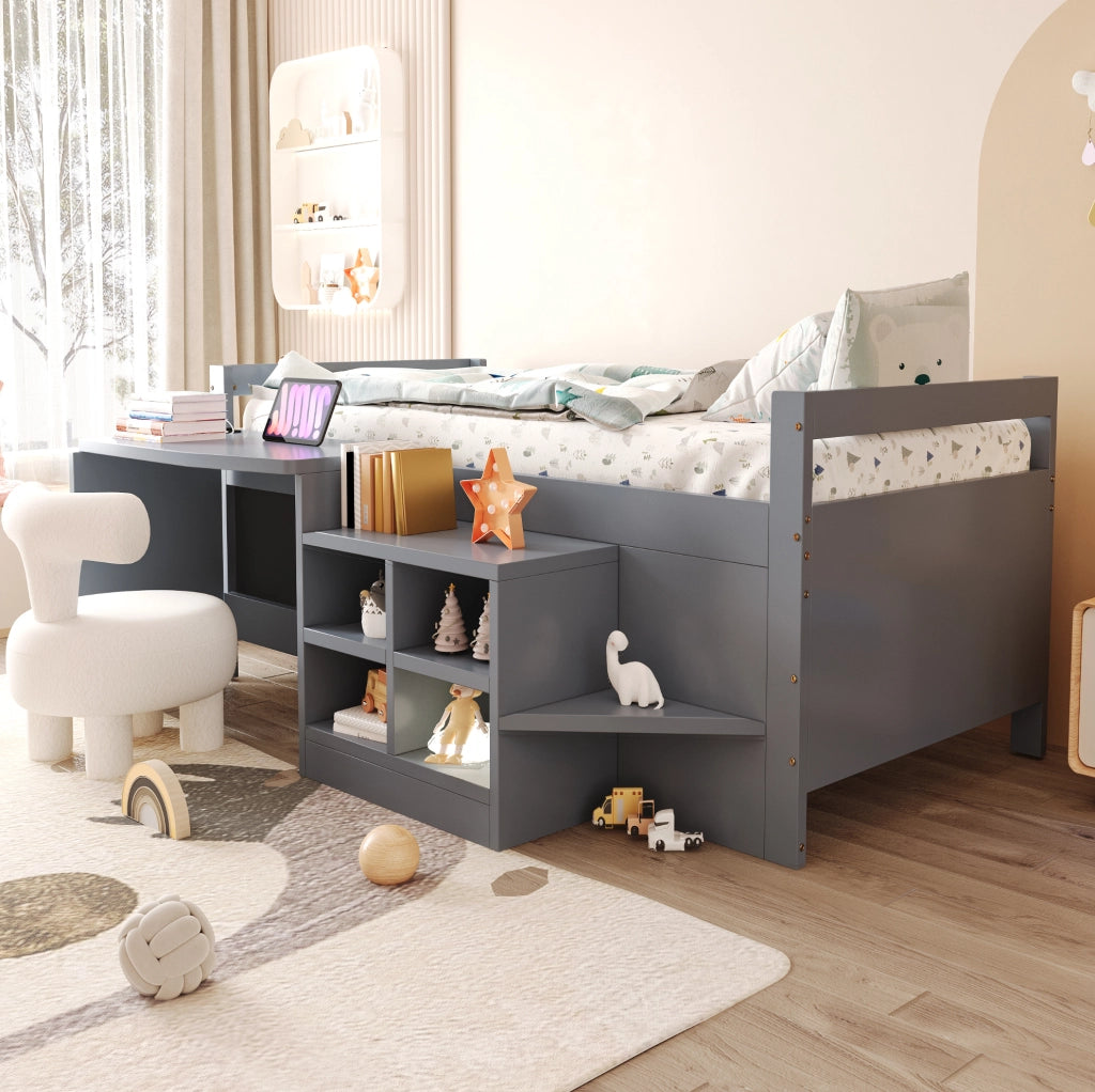 Letto a soppalco 90x200 cm con scrivania; vani contenitore e prese USB; grigio