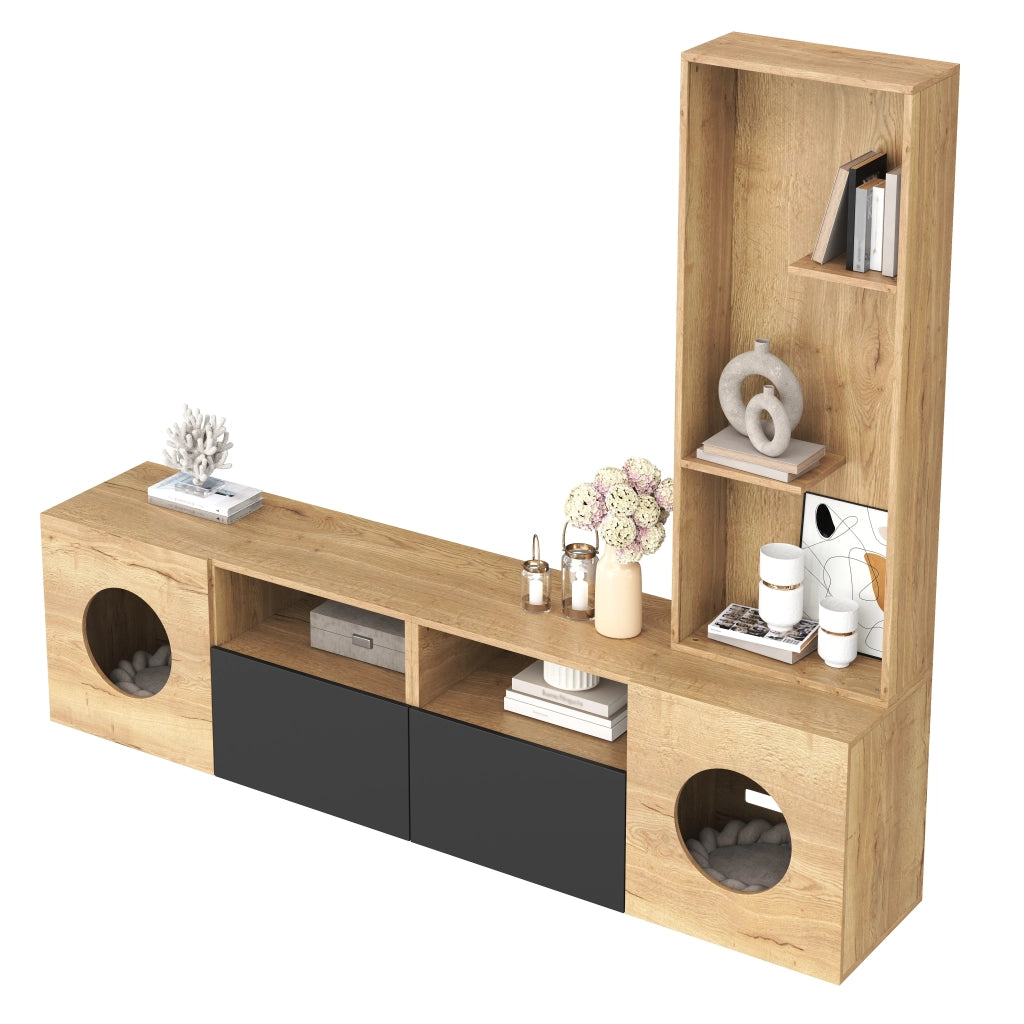 Mobile TV 185x40x162 cm con spazio per gatti e scaffale nero e naturale