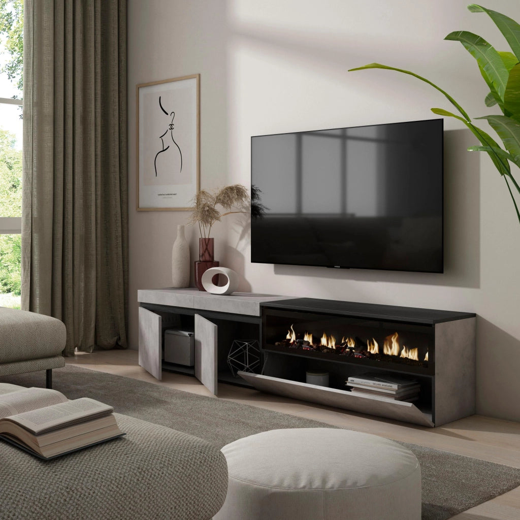 Mobile TV, 200x35x45cm, soggiorno, Per TV fino a 80", Camino elettrico, grigio cemento RF2229