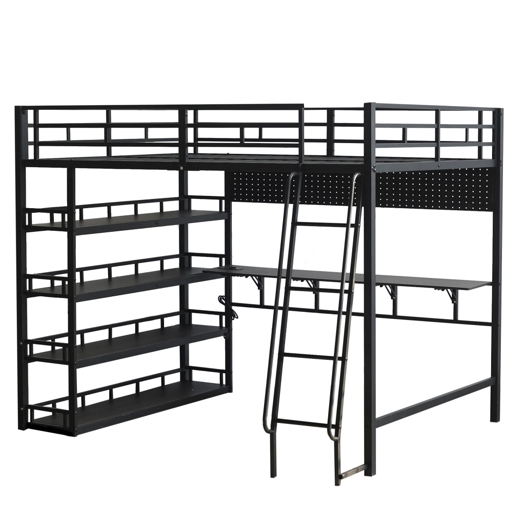 OKWISH Letto a soppalco 140×200 cm, Letto Matrimoniale con Mensole, Porta di Ricarica e Scala Inclinata, senza Materasso, Nero