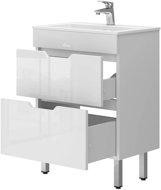 Set di mobili da bagno Clayton, Bianco, 60 cm, composto da mobile sottolavabo e lavabo