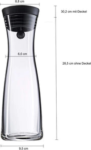 Karaffa da acqua in vetro, 1 litro, karaffa in vetro con coperchio, coperchio in silicone, chiusura CloseUp