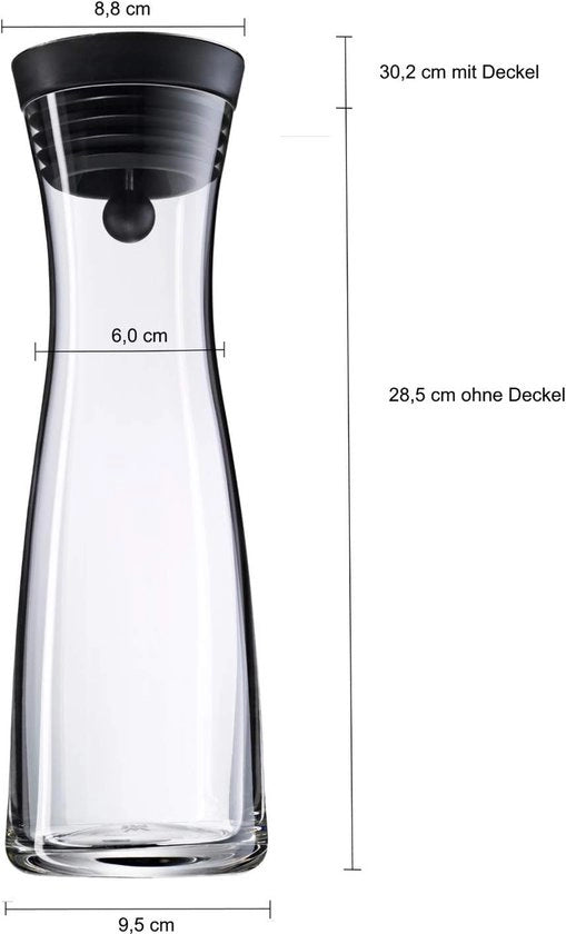 Karaffa da acqua in vetro, 1 litro, karaffa in vetro con coperchio, coperchio in silicone, chiusura CloseUp