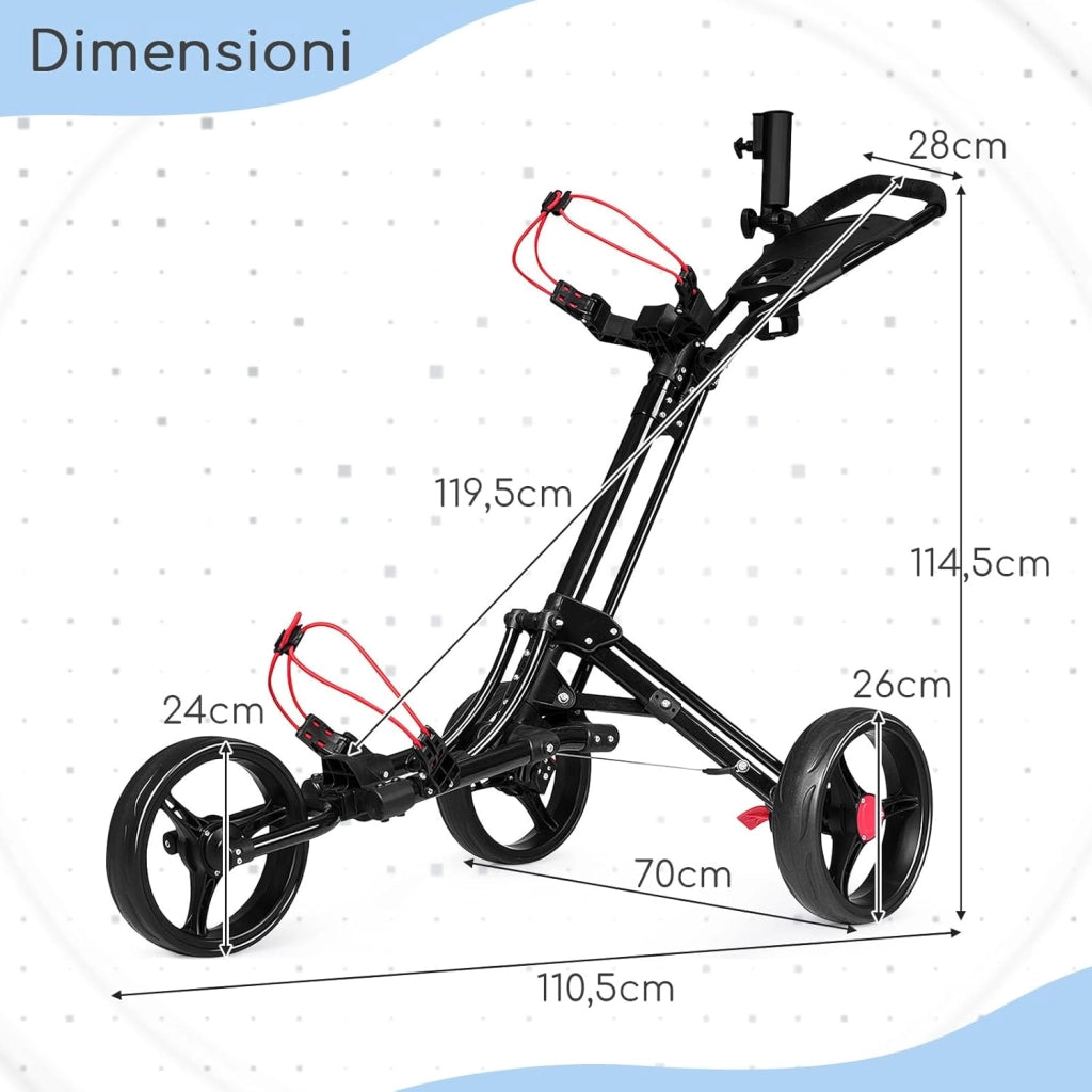 Carrello da Golf Pieghevole con 3 Ruote, Trolley da Golf con Portaombrelli e Porta Bicchiere, Golf Cart Apertura e Chiusura Facile, Nero