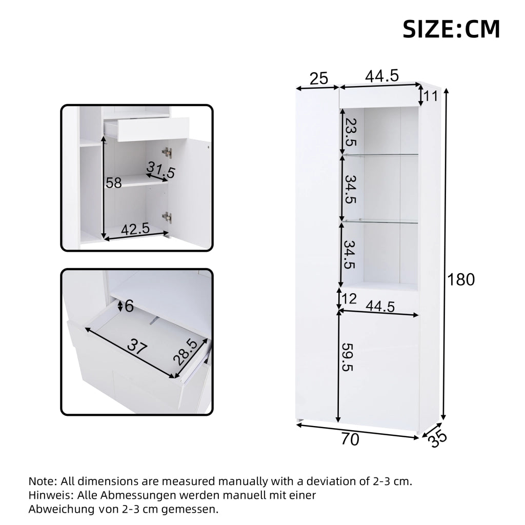 Vetrina con 2 ante, 1 cassetto e vani aperti con LED per soggiorno, in truciolato e vetro, bianco, 70 × 35 × 180 cm