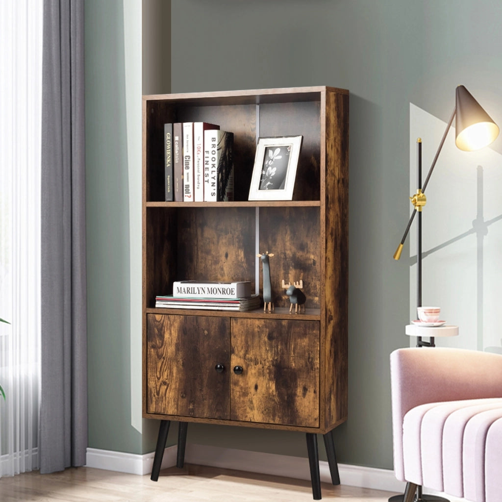 Libreria retr¨° con 2 livelli, Scaffale industriale con 3 scompartimento e 2 ante, Marrone