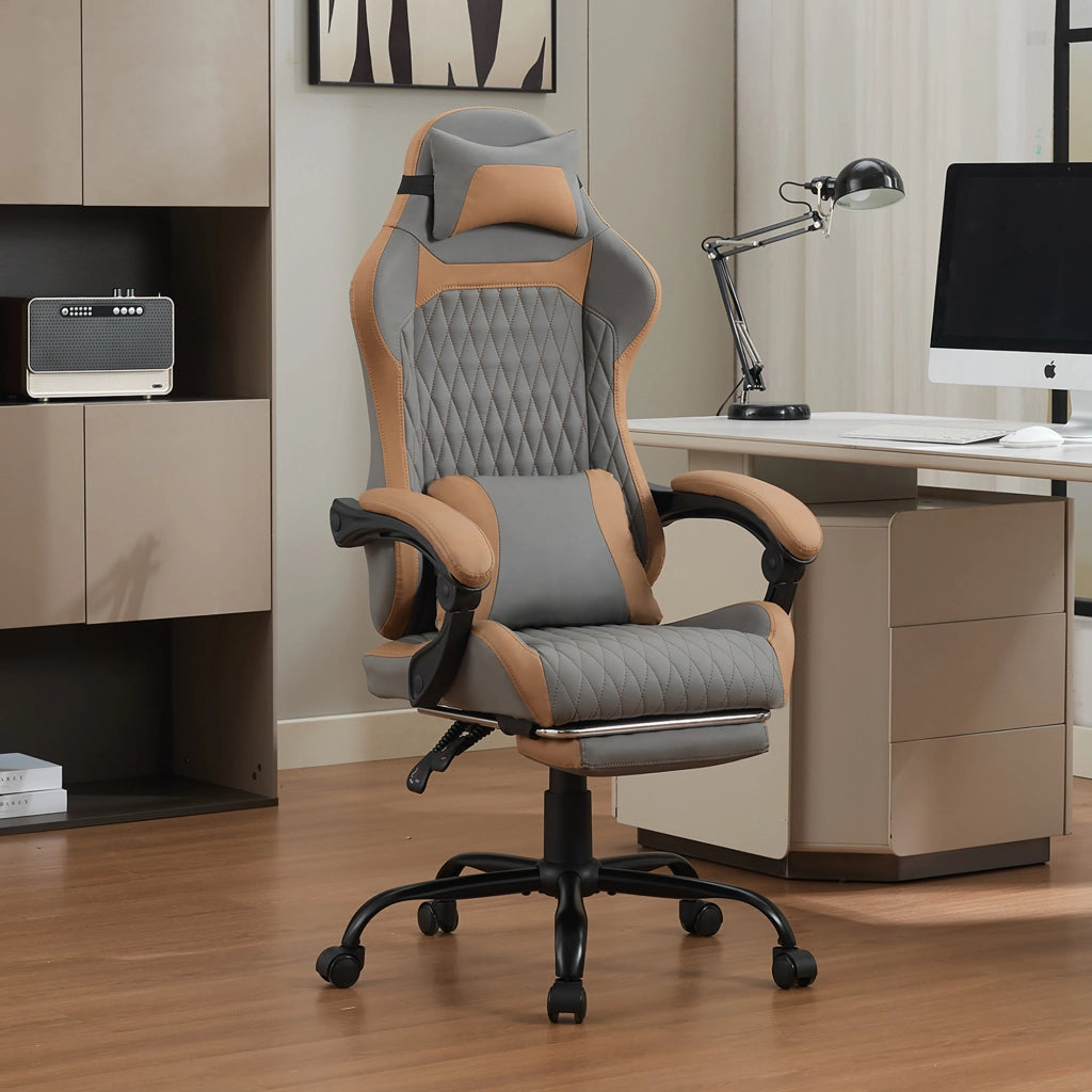 Sedia da ufficio gaming con schienale ergonomico, tasca posteriore e base in metallo, in PVC grigio marrone