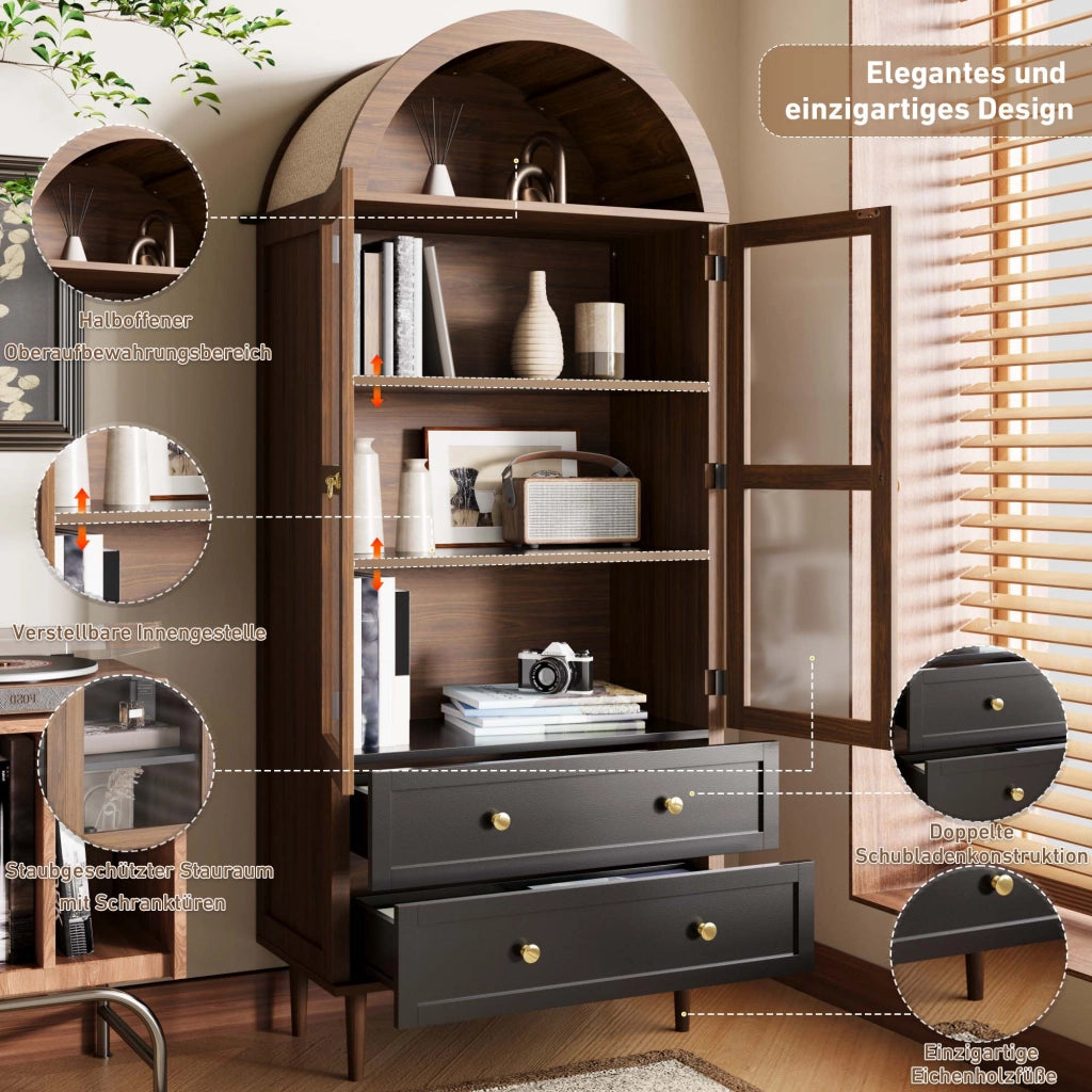 OKWISH Credenza Contenitore con Ripiani Regolabili e Anta in Vetro Rigato, Stile Retrò Moderno, MDF, Noce