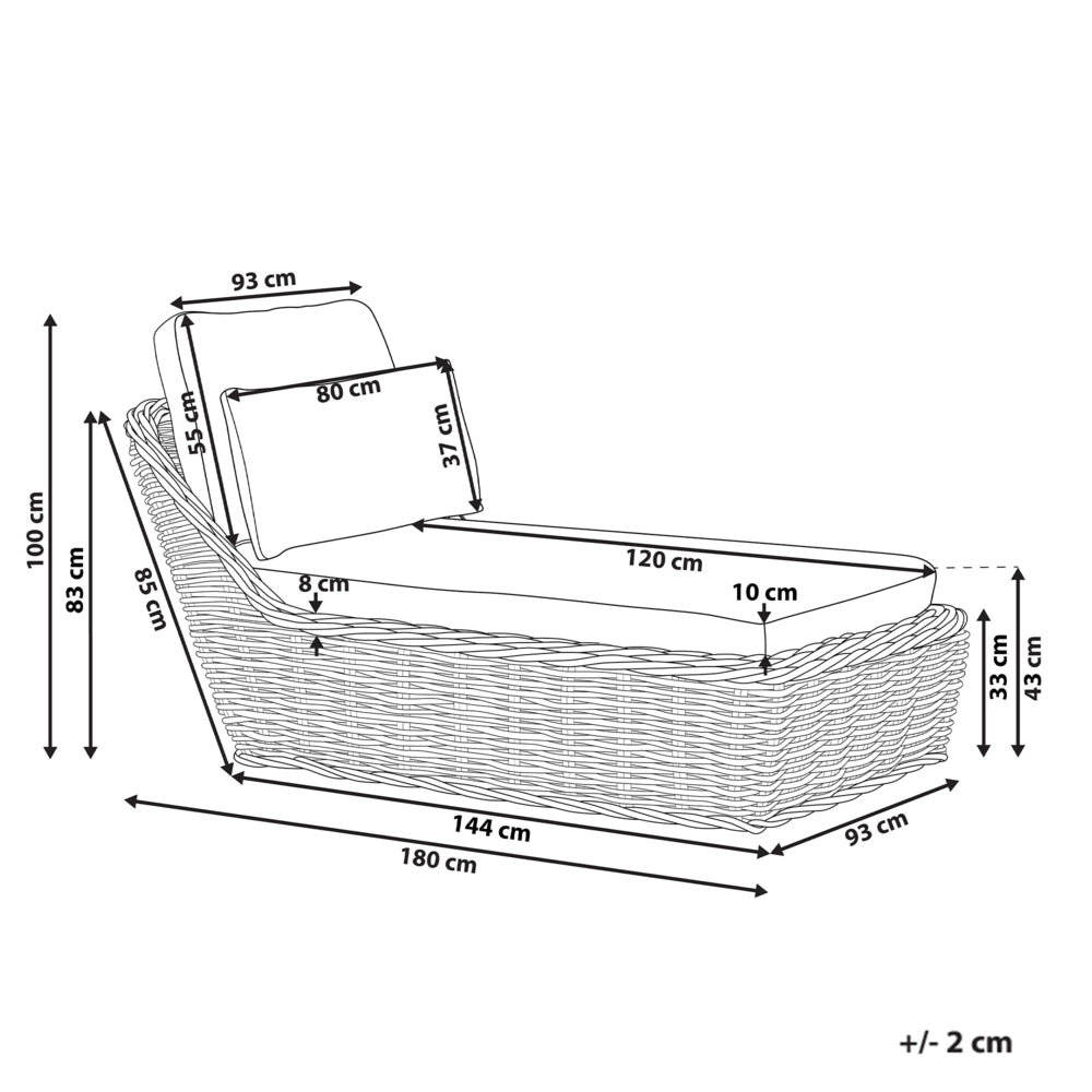 Lettino da giardino in rattan naturale per esterni 3 cuscini marrone e grigio stile tradizionale e boho