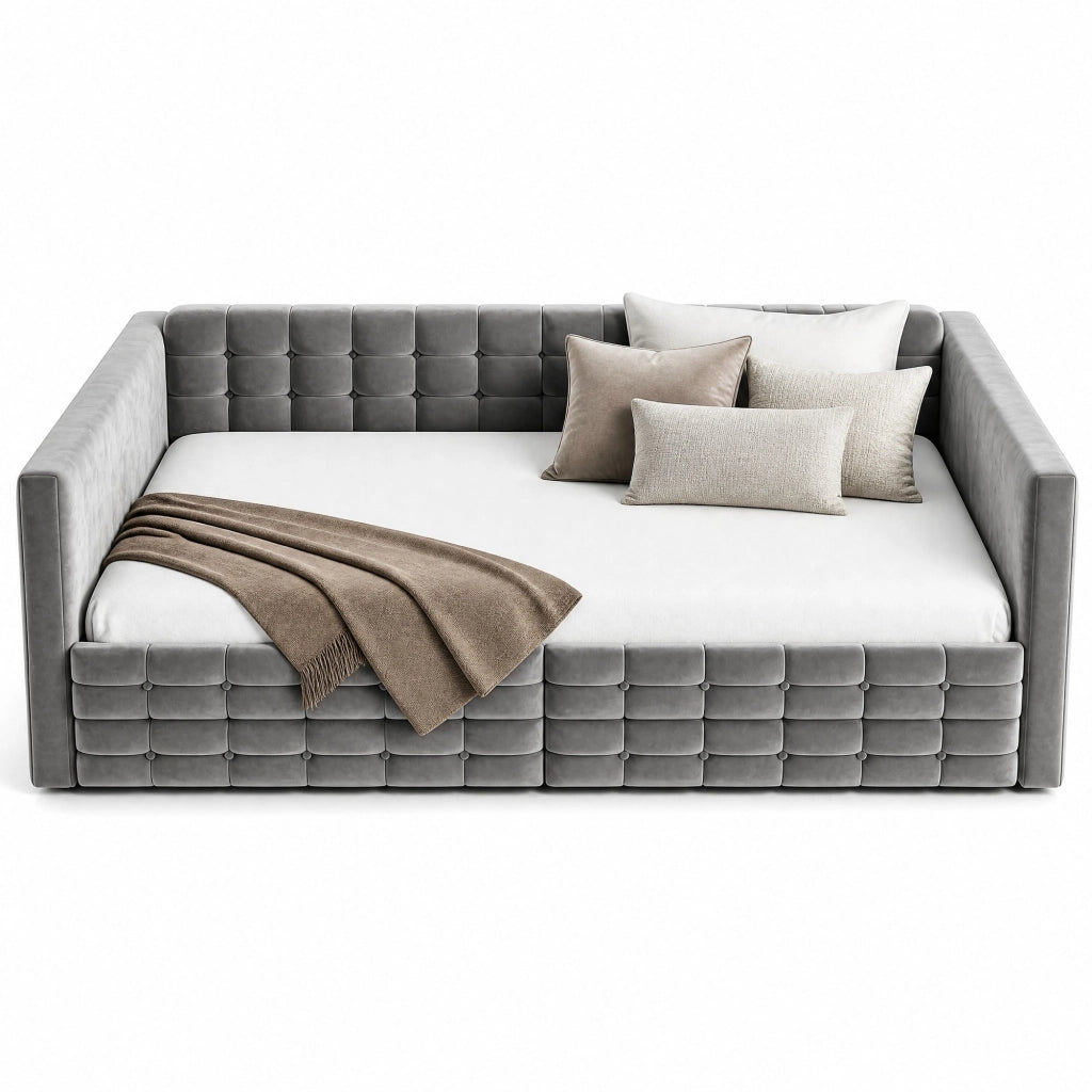 Letto imbottito contenitore 140x190, velluto grigio, testiera a quadri, 2 cassetti e tasche laterali