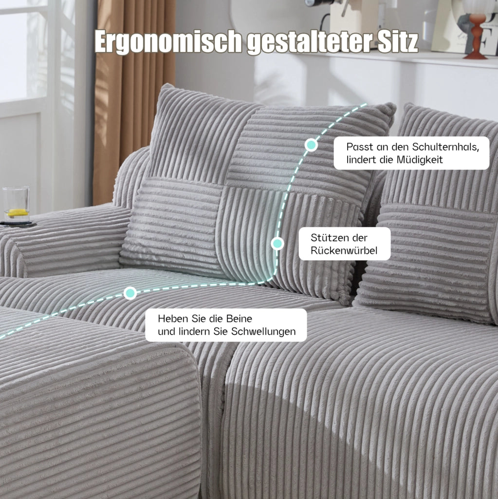 Divano modulare 3 posti ULEVR 268x174x80 cm con portabicchieri e tasca laterale, velluto a coste grigio chiaro