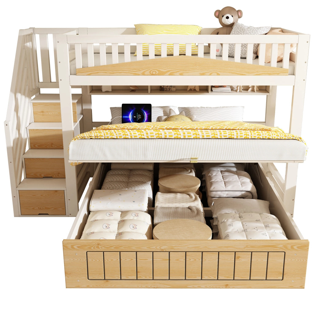 OKWISH Letto a Castello 90×200 cm e 140×200 cm, Letto 3 Posti con Vano Contenitore, Scala con Contenitori, USB e USB C, senza Materasso