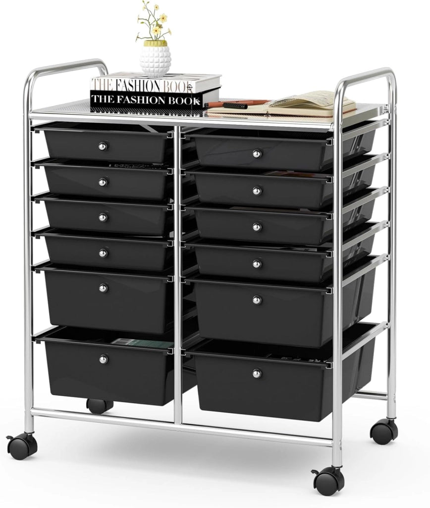 Carrello Portaoggetti con Ruote, 12 Cassetti Rimovibili, Carrello a Rotelle per Soggiorno, Ufficio, Camera da Letto, 64x38x75 cm, 3 Colori