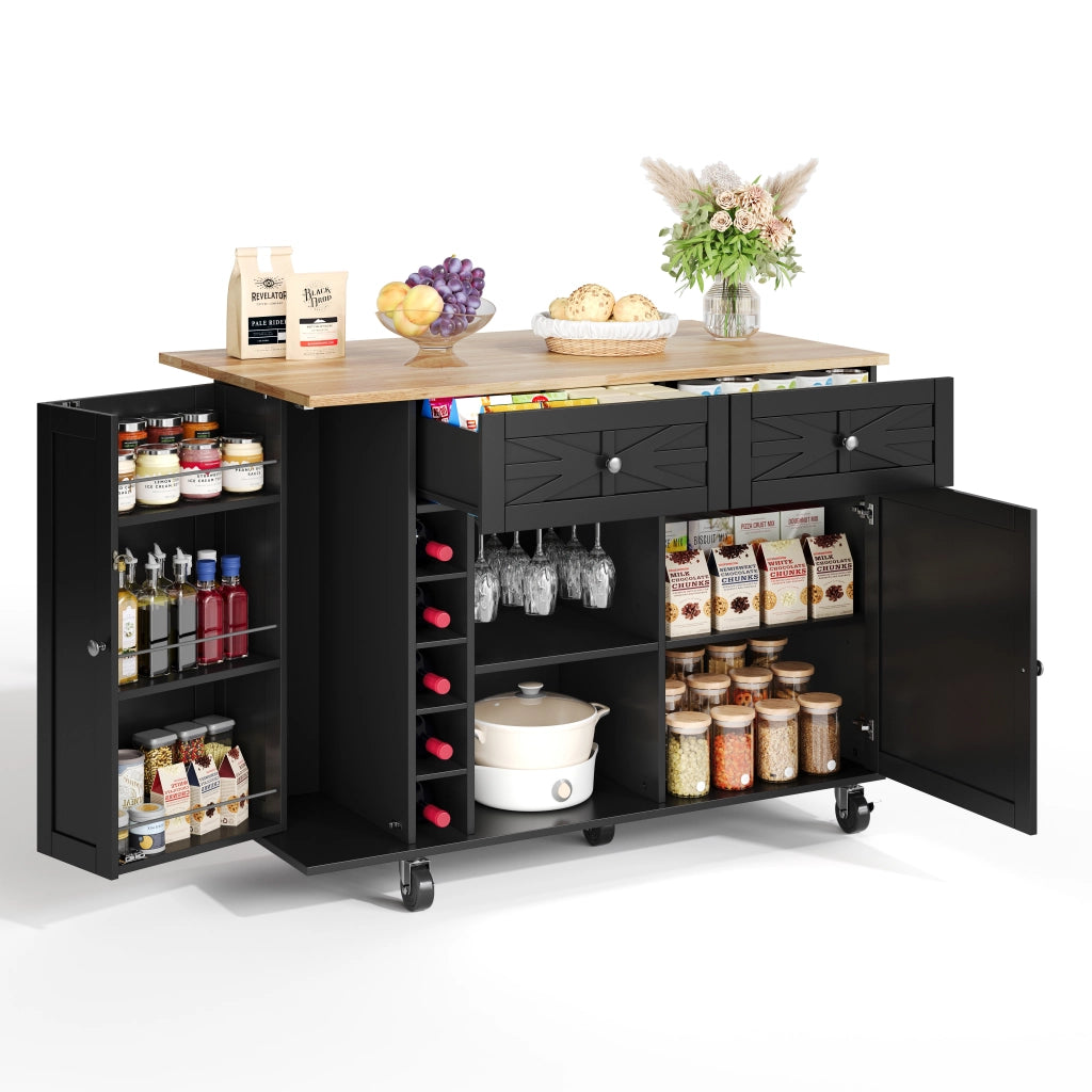 Isola cucina con piano ribaltabile, 1 porta, 2 cassetti, ruote bloccabili, nero, 120 x 45(70) x 89 cm
